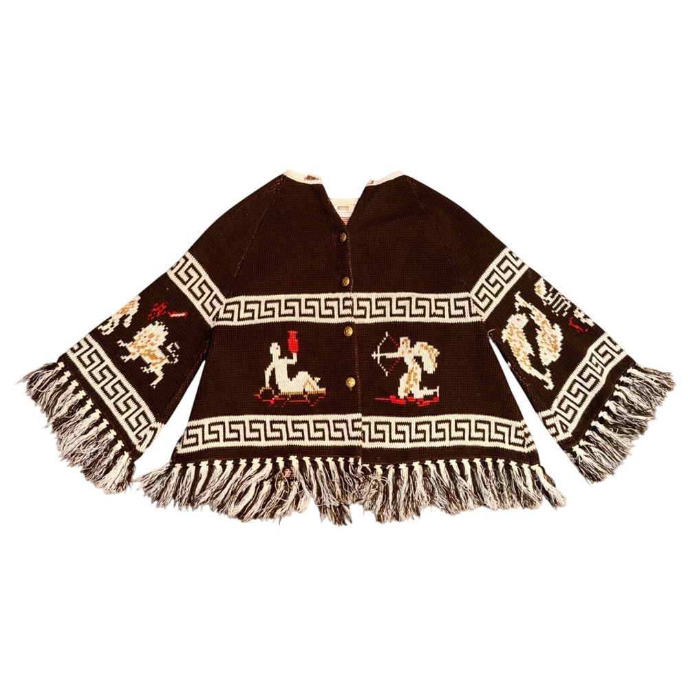 Vintage Montgomery Ward Zodiac Fringe Cardigan Astrology 70s Novelty Sweater